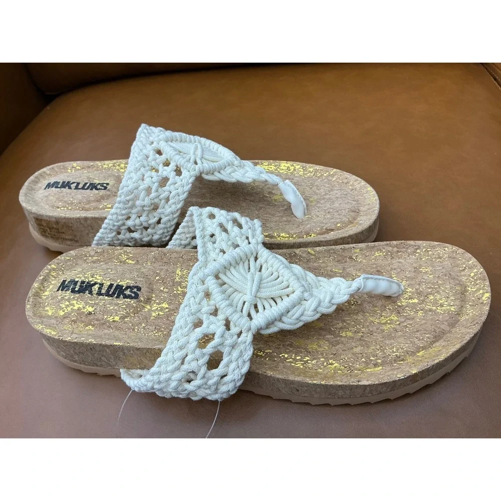 Muk Luks Macrame Thong Sandals Womens 7 Beige New Gold Fleck Cork Slides 1200325